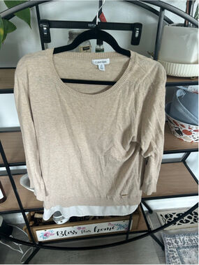 Women's Calvin Klein Beige & White Layered Crew Neck Sweater Size L
